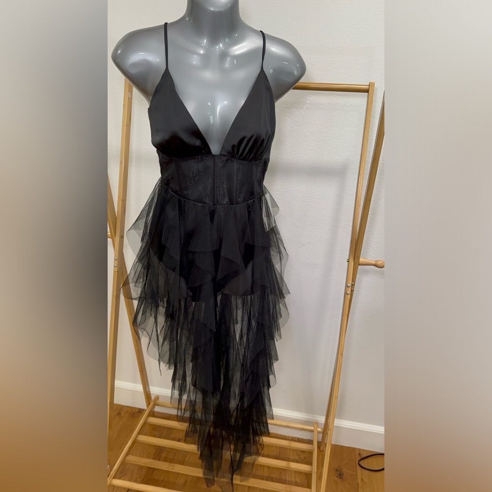 For Love and Lemons black mesh tulle ruffle layered sheer bodysuit dress
